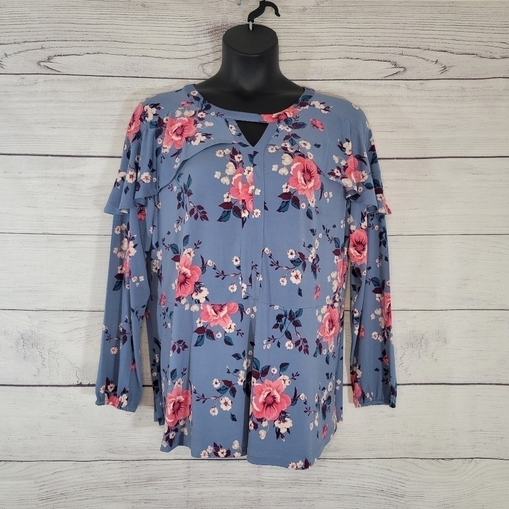 Denim & Co Dusty Blue & Pink Floral Blouse Top Sz 1X